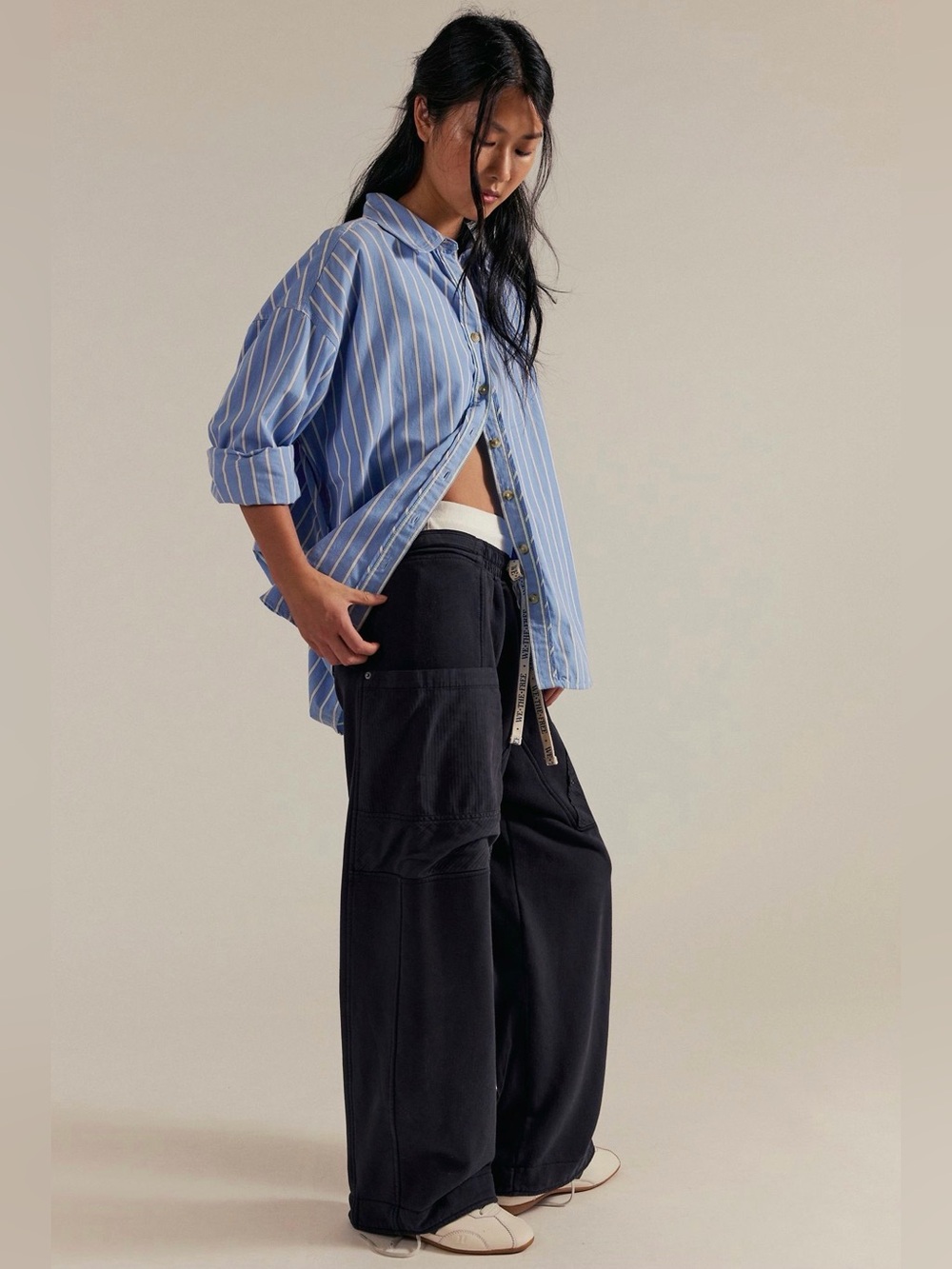 We The Free Jet Set Knit Pull-On Black Drawstring Pants with White Logo Ties - Picture 5 of 13